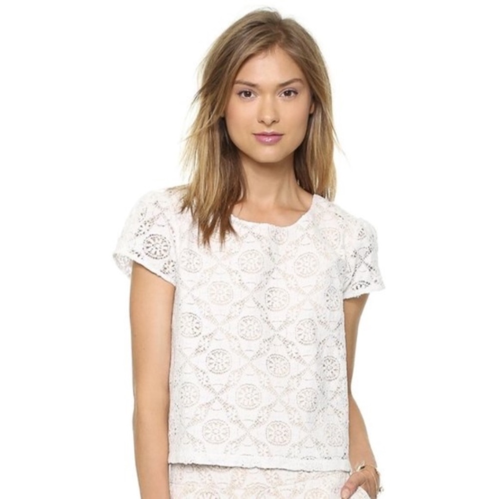 JOIE Caisley Embroidered Lace Crop Top Tee